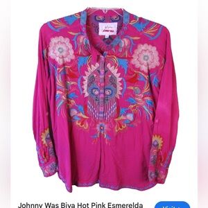 Johnny Was Biya hot pink Esmeralda challis tunic  boho western embroidered.